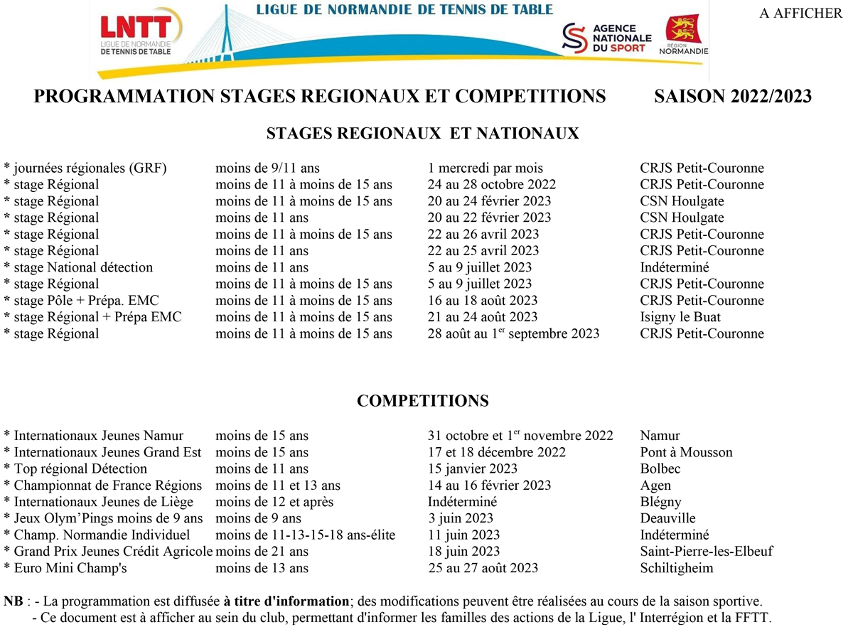 Programmation stages compétitions Saison 2022 2023 1